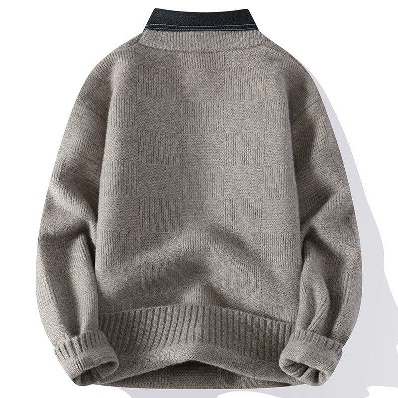 Buddha Stones Winter Black Stand Collar Plaid Pattern Warm Men's Long Sleeve Knitted Sweater