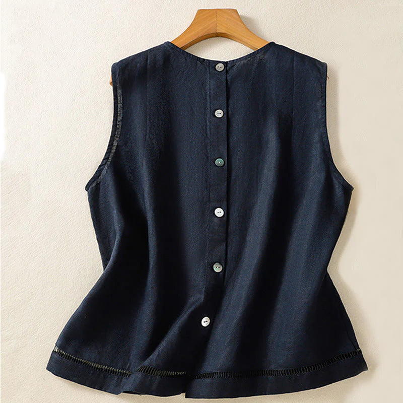 Buddha Stones Simple Crew Neck Button Design Women's Cotton Sleeveless Vest