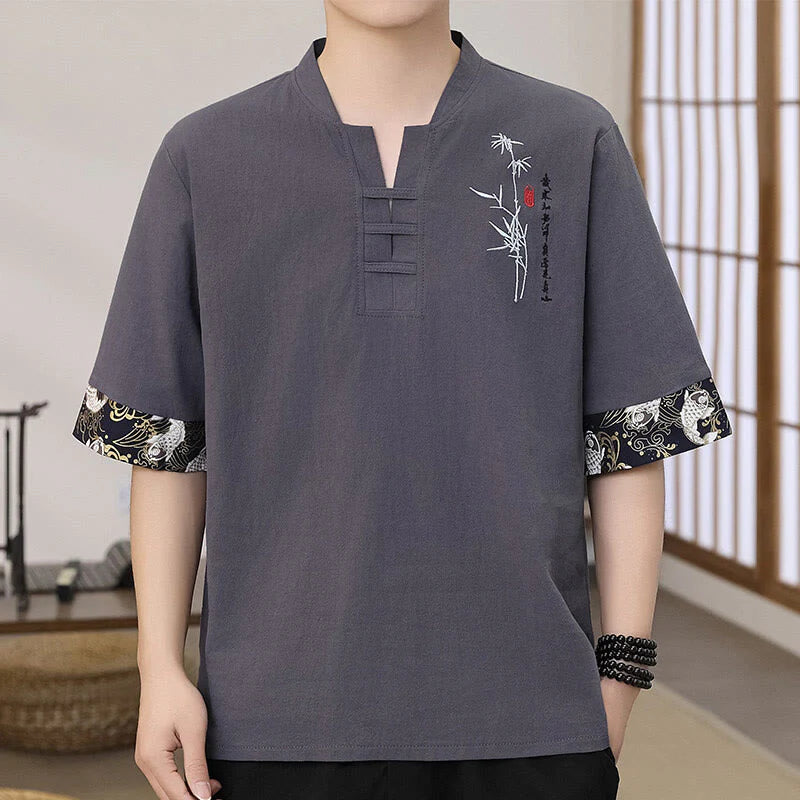 Buddha Stones Summer Embroidery Bamboo Pattern Patchwork Design Men's Half Sleeve Cotton Linen T-Shirt