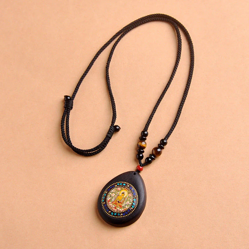 Buddha Stones Chinese Zodiac Natal Buddha Ebony Wood Tiger Eye Black Onyx Calm Necklace Pendants
