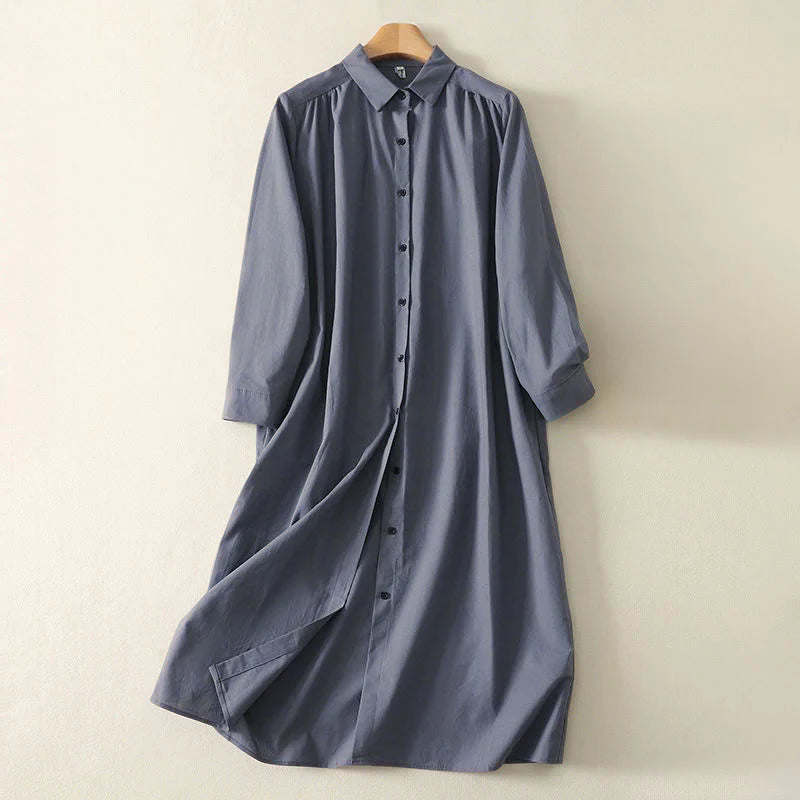 Buddha Stones Fall Solid Color Lapel Buttons Long Sleeve Cotton Midi Dress With Pockets