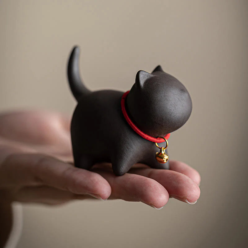 Buddha Stones Mini Lovely Red Rope Bell Cat Tea Pet Purple Clay Figurine Desk Decoration