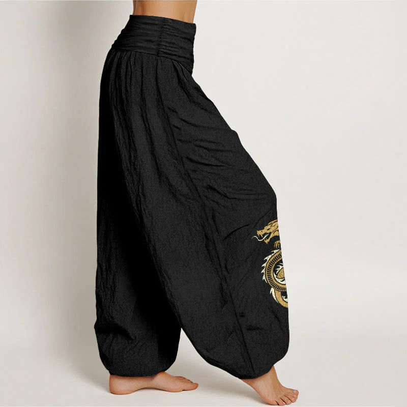 Buddha Stones Pure Cotton Dragon Pattern Women's Elastic Waist Harem Pants