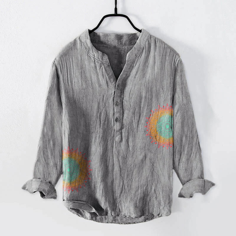 Buddha Stones Colorful Mandala Pattern Half Buttons Men's Cotton Linen Long Sleeve Shirt