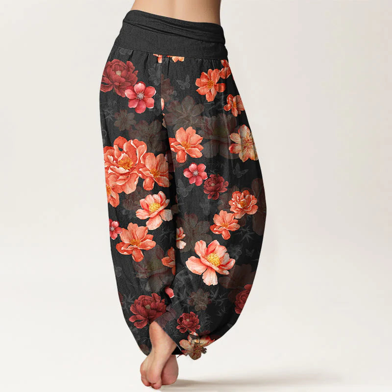 Buddha Stones Cotton Intensely Colored Flower Pattern Women's Elastic Waist Harem Pants
