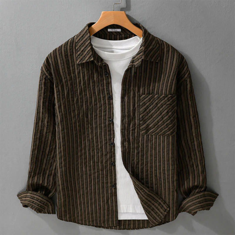 Buddha Stones Vintage Striped Buttons Down Stand Collar Long Sleeve Men's Cotton Shirt