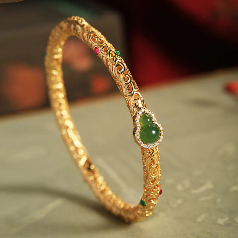 FREE Today: Healing and Harmony Cyan Jade Copper Plated Gold Auspicious Clouds Gourd Bracelet Bangle