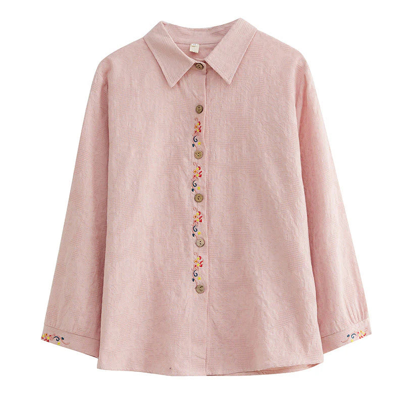 Buddha Stones Spring Plain Embroidered Flower Pattern Button Women's Long Sleeve Cotton Lapel Shirt