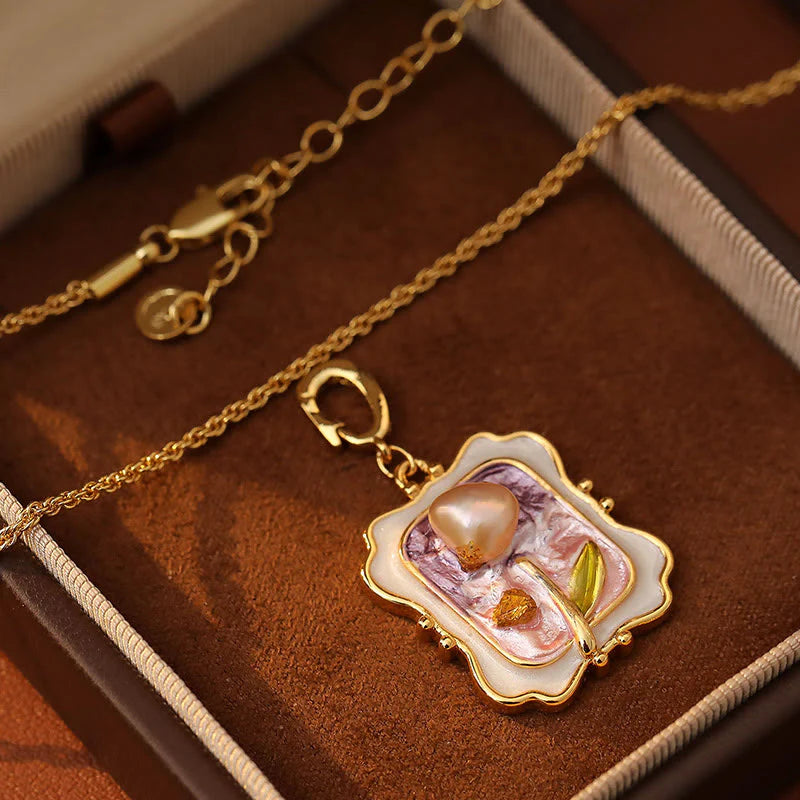 Buddha Stones Flower Oil Painting Pearl Copper Healing Necklace Pendant
