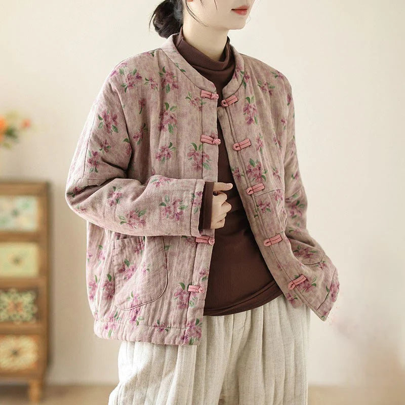 Buddha Stones Women's Long Sleeve Thermal Cotton Printed Florwer Pattern Jacket With Pockets