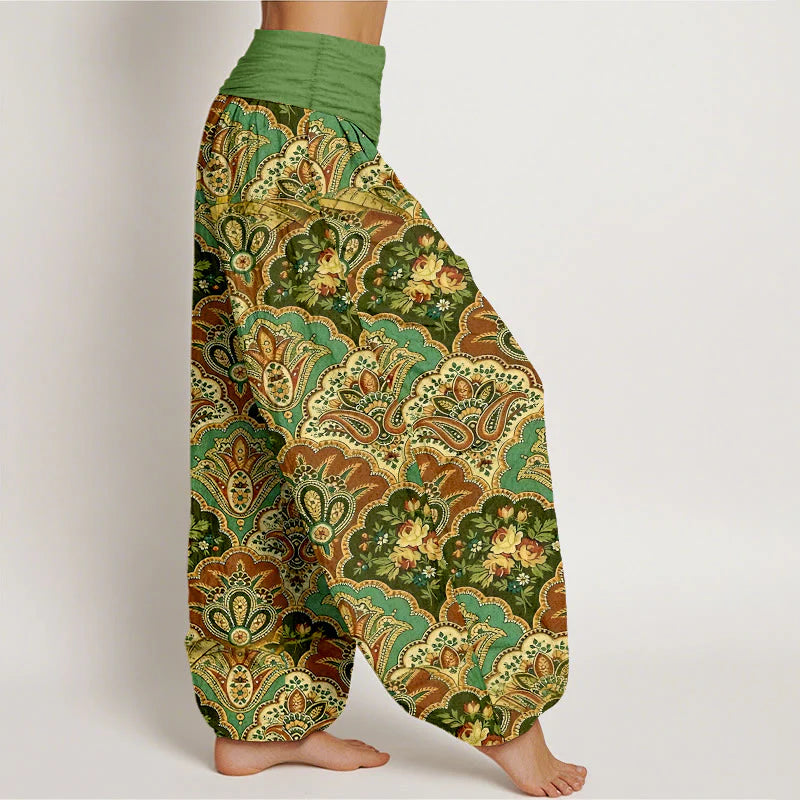 Buddha Stones Cotton Repetitive Fan Shape Flowers Leaves Pattern Women's Elastic Waist Harem Pants