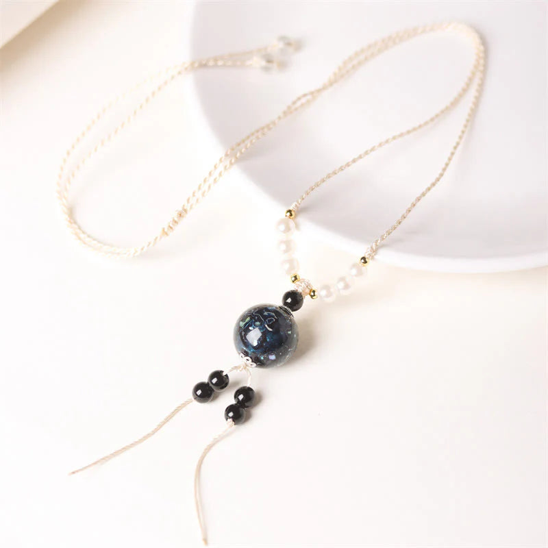 Buddha Stones Ebony Wood Aurora Lacquer Craft Bead Pearl Balance Necklace Pendant