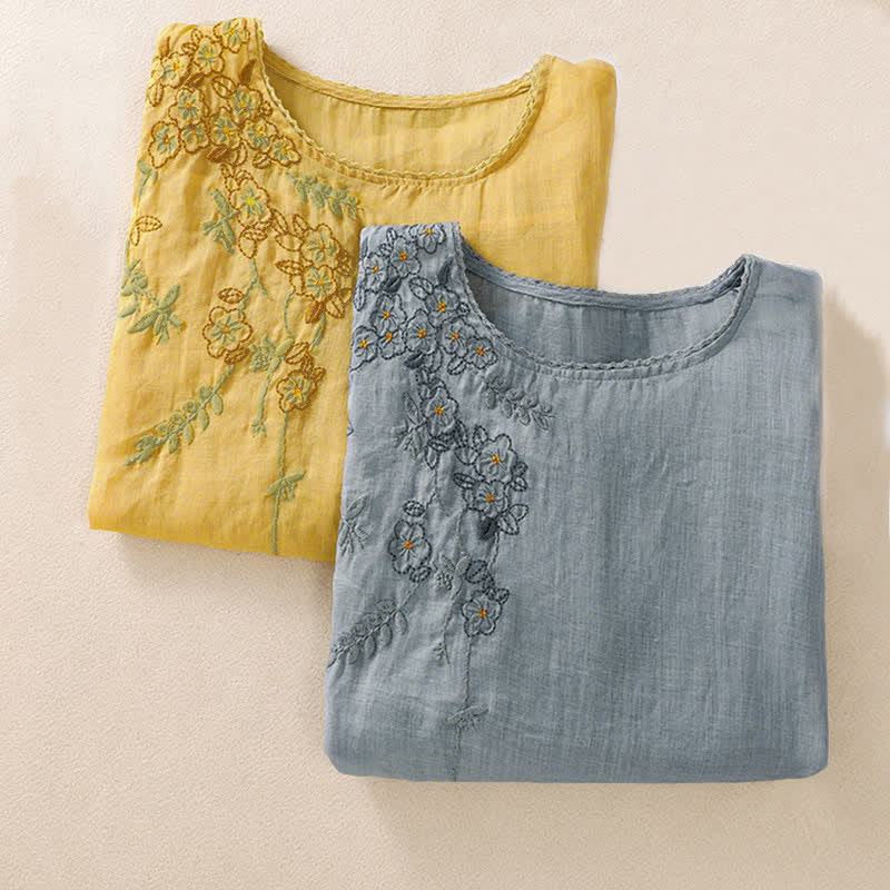 Buddha Stones Retro Embroidery Floral Pattern Short Sleeve Crew Neck Women's Shirt