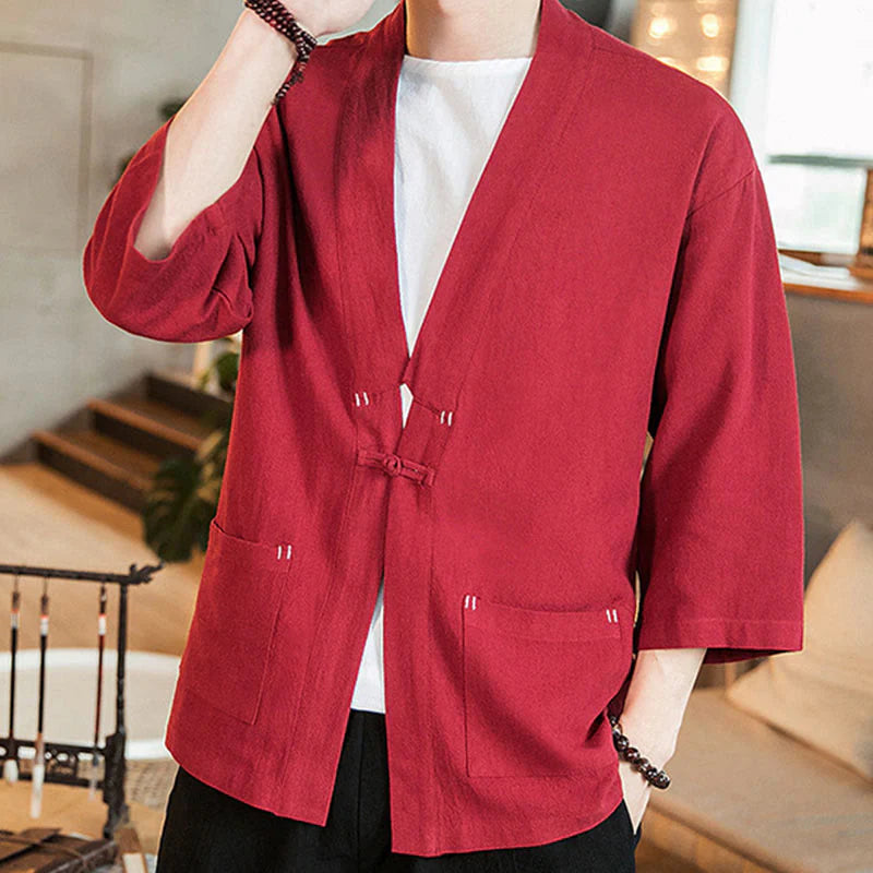 Buddha Stones Plain Chinese Frog-Button Jacket Cotton Linen Men's Three Quarter Sleeve Kimono