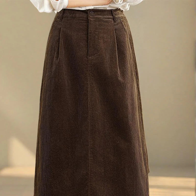 Buddha Stones Pure Color Elastic Waist Women's 7-8 Length Corduroy Skirt With Pockets