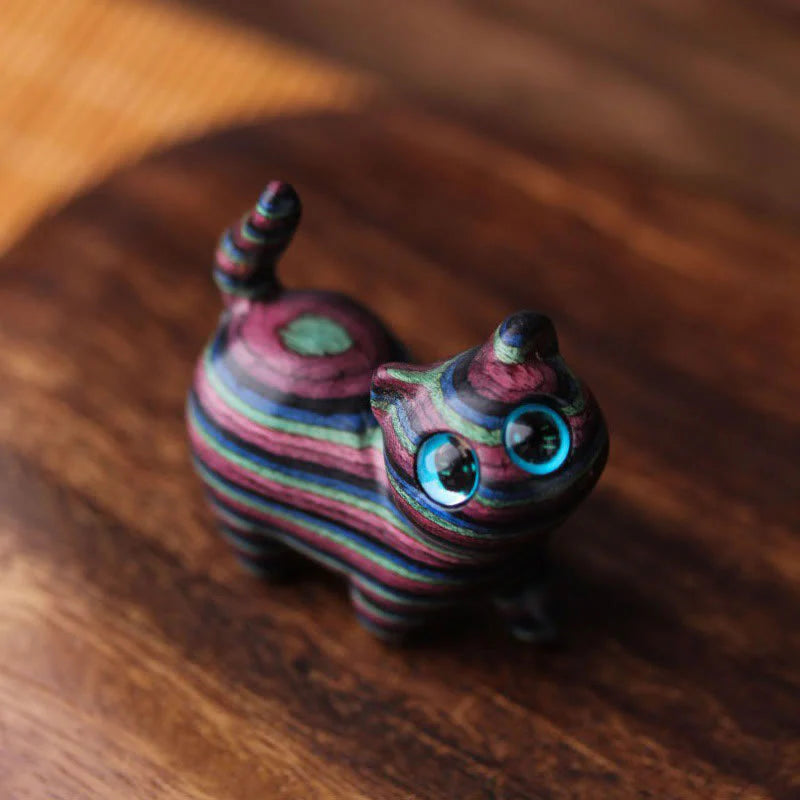 Buddha Stones Colored Sandalwood Carved Tilt Head Cat Healing Decoration