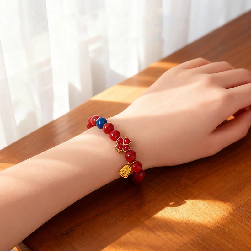 Buddha Stones Four Leaf Clover Flower Gourd South Red Agate White Agate Positive Beaded Bracelet