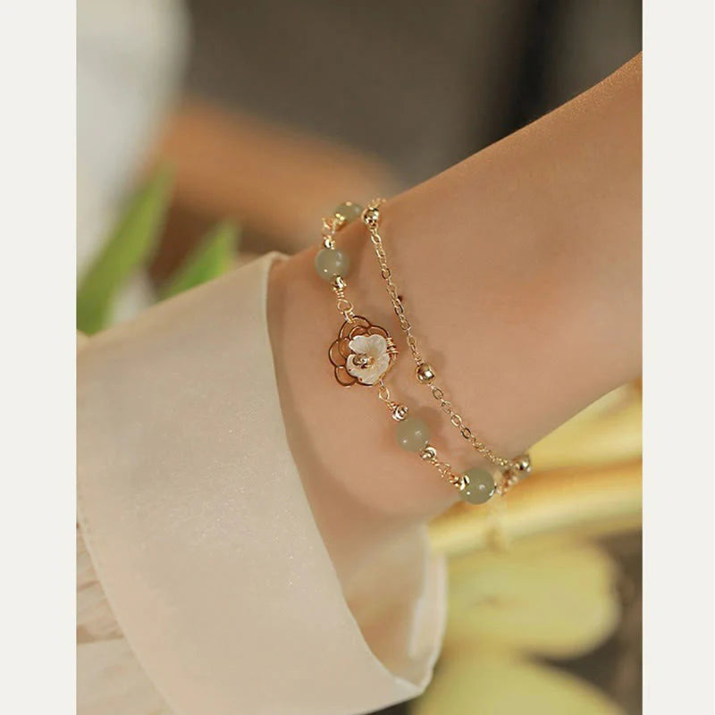 Buddha Stones 14K Gold Plated Jade Butterfly Tridacna Stone Flower Double Layer Luck Bracelet