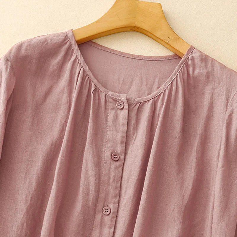 Buddha Stones Plain Button Crew Neck Design Women's Blend Three Quarter Sleeve Shirt