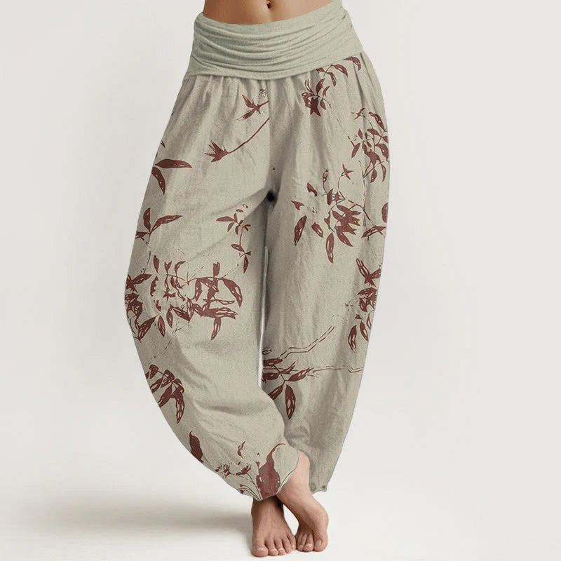 Buddha Stones Pure Cotton Branch Pattern Women's Elastic Waist Harem Pants