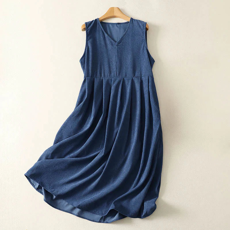 Buddha Stones Spring Retro DarkBlue Plain Sleeveless Midi Dress With Pockets