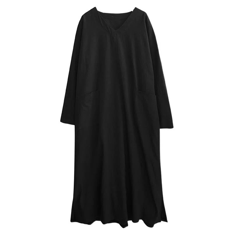 Buddha Stones Fall Casual Simple Design Long Sleeve Cotton Linen Maxi Dress With Pockets