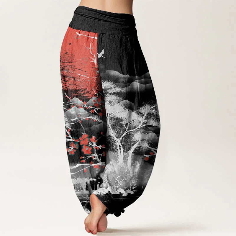 Buddha Stones Cotton Casual Red Plum Blossom Mountains Sun Pattern Women's Elastic Waist Harem Pants