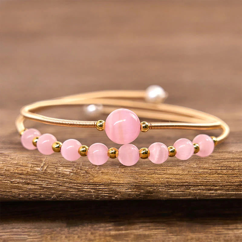 Buddha Stones 14K Gold Filled Copper Pink Cat Eye Support Metal Cuff Bracelet Bangle