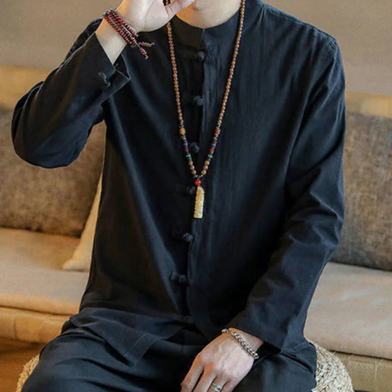 Buddha Stones Casual Stand Collar Frog-Button Long Sleeve Tang Suit Linen Men's Shirt