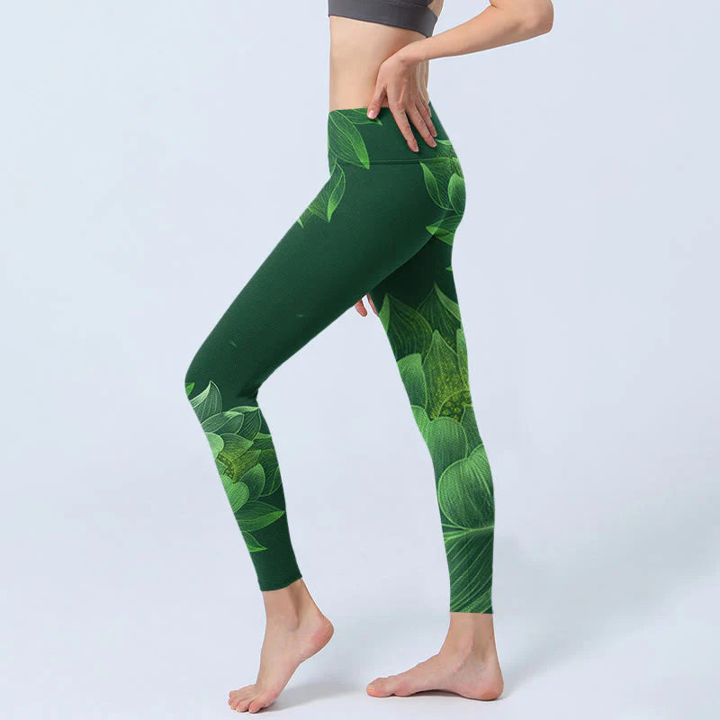 Buddha Stones Dark Green Lotus Flower Leaf Print Gym Fitness Leggings Women's Yoga Pants
