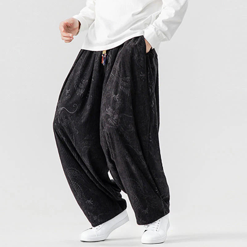 Buddha Stones Winter Dragon Phoenix Pattern Cotton Corduroy Men's Harem Pants With Pockets