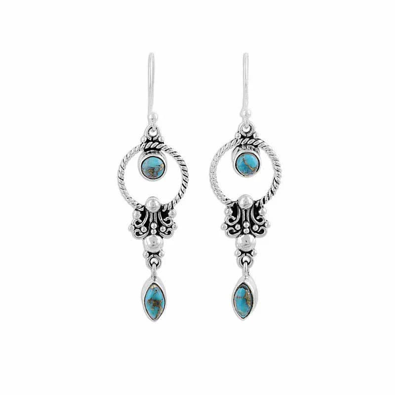 Buddha Stones 925 Sterling Silver Vintage Turquoise Waterdrop Pattern Balance Drop Dangle Earrings