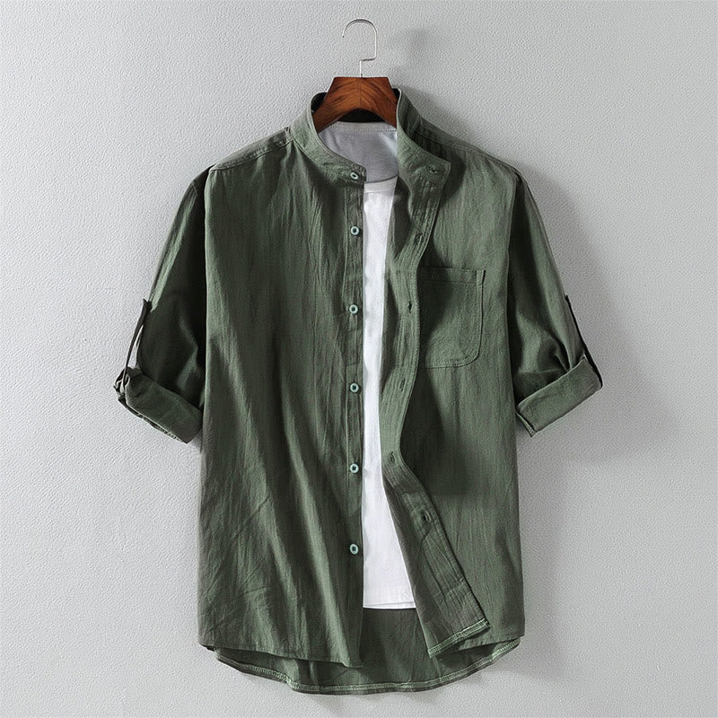 Buddha Stones Summer Solid Men's Buttons Half Sleeve Cotton Linen Shirt
