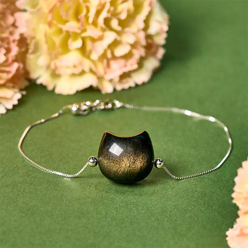 Buddha Stones 925 Sterling Silver Silver Sheen Obsidian Gold Sheen Obsidian Cat Soothing Bracelet