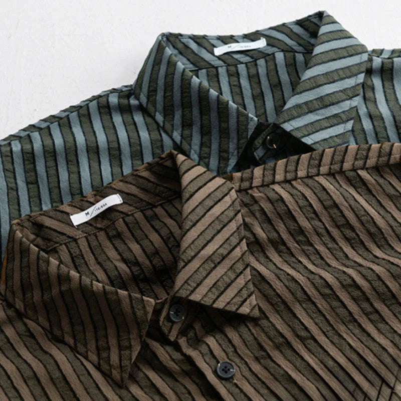 Buddha Stones Vintage Striped Buttons Down Stand Collar Long Sleeve Men's Cotton Shirt