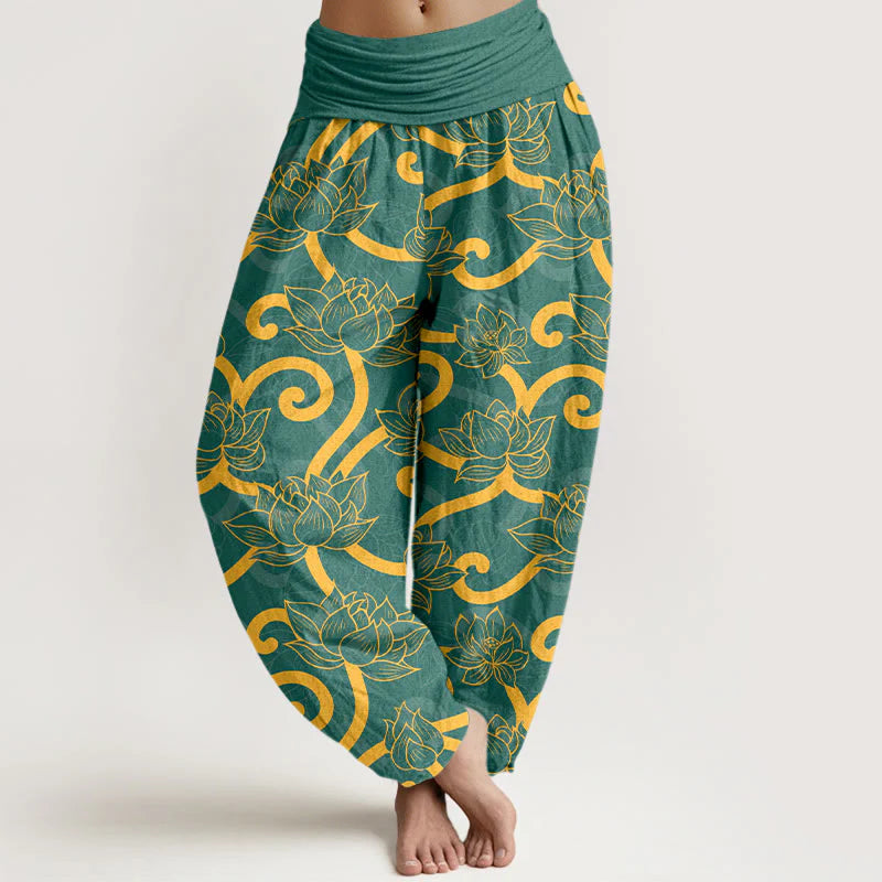 Buddha Stones Pure Cotton Elegant Gorgeous Lotus Scroll Pattern Women's Elastic Waist Harem Pants