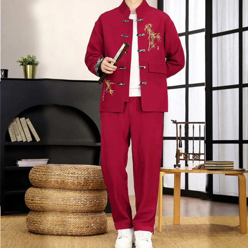Buddha Stones 2Pcs Tang Suit Bamboo Frog-Button Men's Long Sleeve Shirt Pants Clothing Set