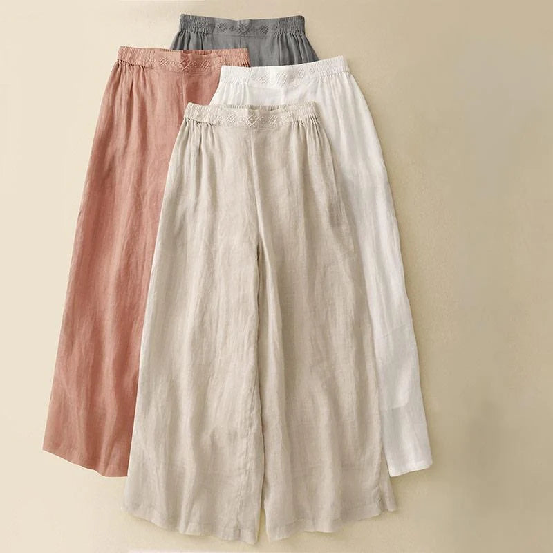 Buddha Stones Geometric Embroidery Elastic Waist Women's Cotton Linen Wide Leg Pants With Pockets