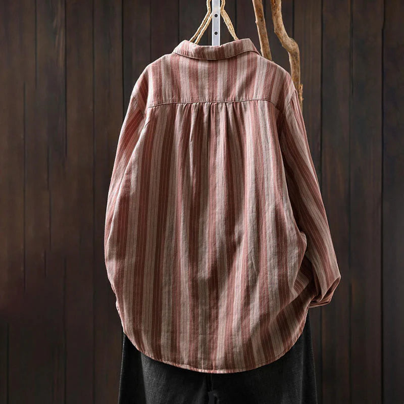 Buddha Stones Fall Vertical Stripes Button Down Stand Collar Long Sleeve Women's Cotton Shirt