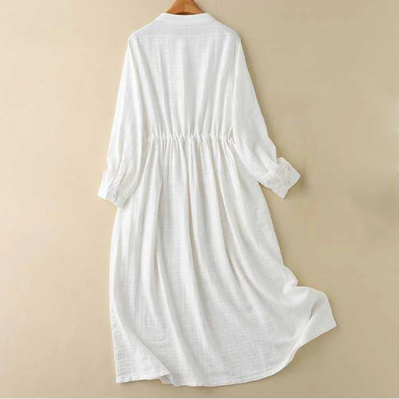 Buddha Stones Retro Solid Color Drawstring Frog-Button Design Long Sleeve Cotton Linen Midi Dress With Pockets
