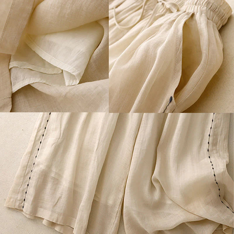Buddha Stones Commute Solid Color Embroidery Drawstring Women's Wide Leg Ankle-Length Cotton Pants With Pockets