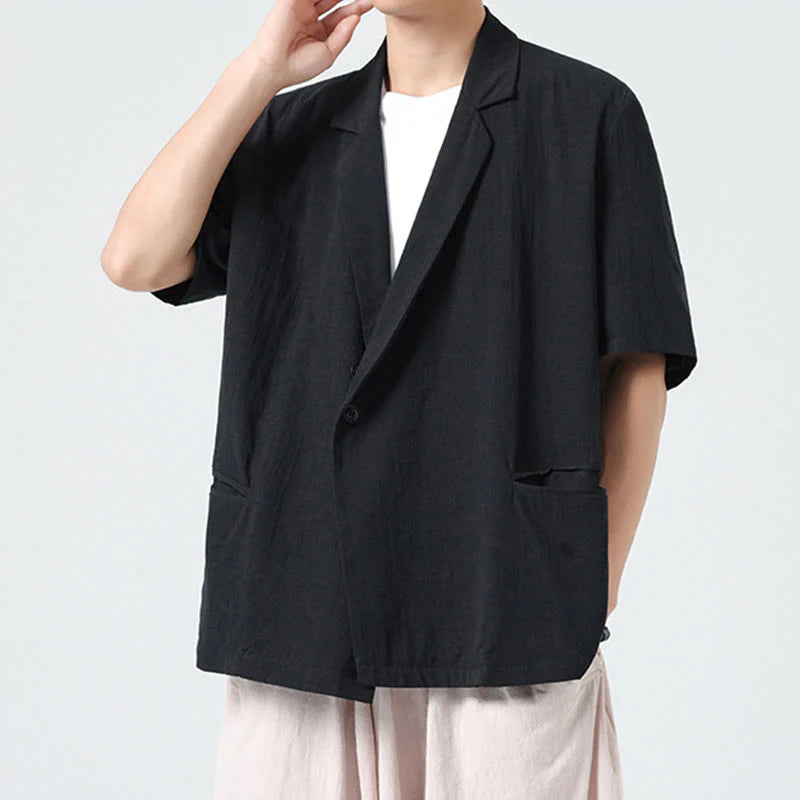 Buddha Stones Spring Plain Asymmetrical Lapel Collar Short Sleeve Men's Cotton Linen Shirt With Pockets