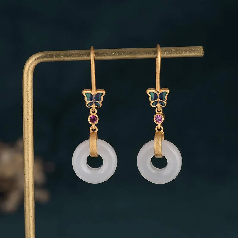 Buddha Stones FengShui White Jade Butterfly Fortune Earrings