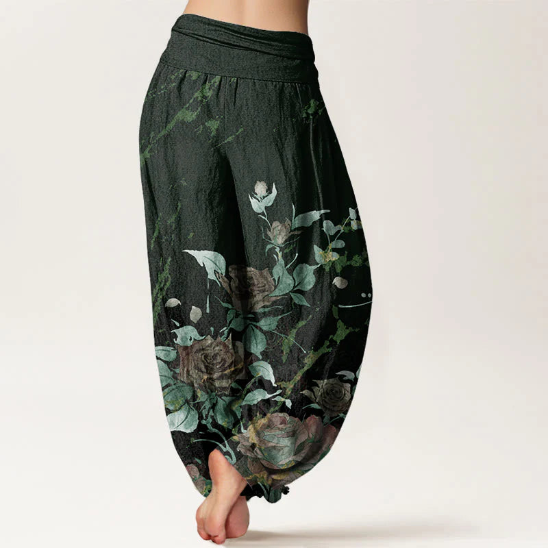 Buddha Stones Cotton Blooming Roses Pattern Women's Elastic Waist Harem Pants