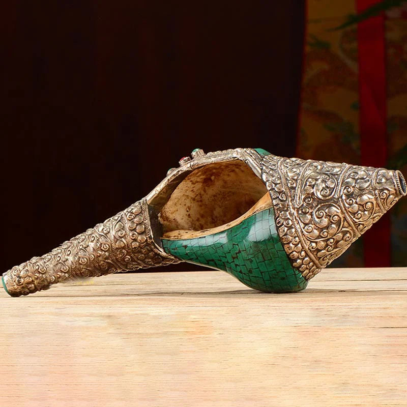 Buddha Stones Tibetan Handmade Engraved Shankha Double Dorje Buddha Conch Shell Wealth Positive Decoration