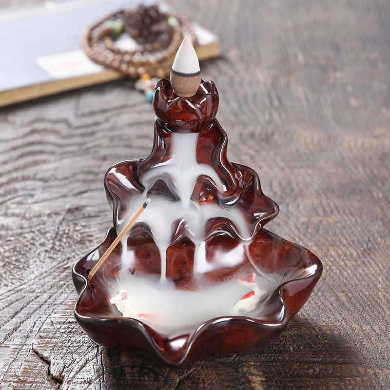 Buddha Stones Lotus Leaf Koi Fish Ceramic Backflow Smoke Fountain Peace Incense Burner Decoration