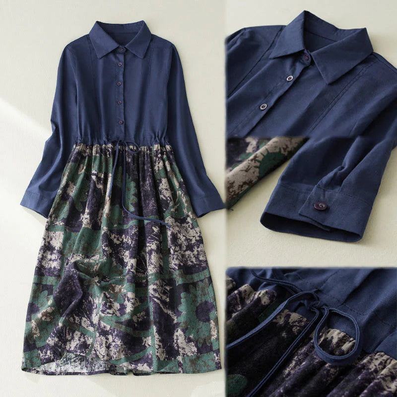 Buddha Stones Fall Printed Patchwork Design Drawstring Long Sleeve Linen Midi Dress With Pockets