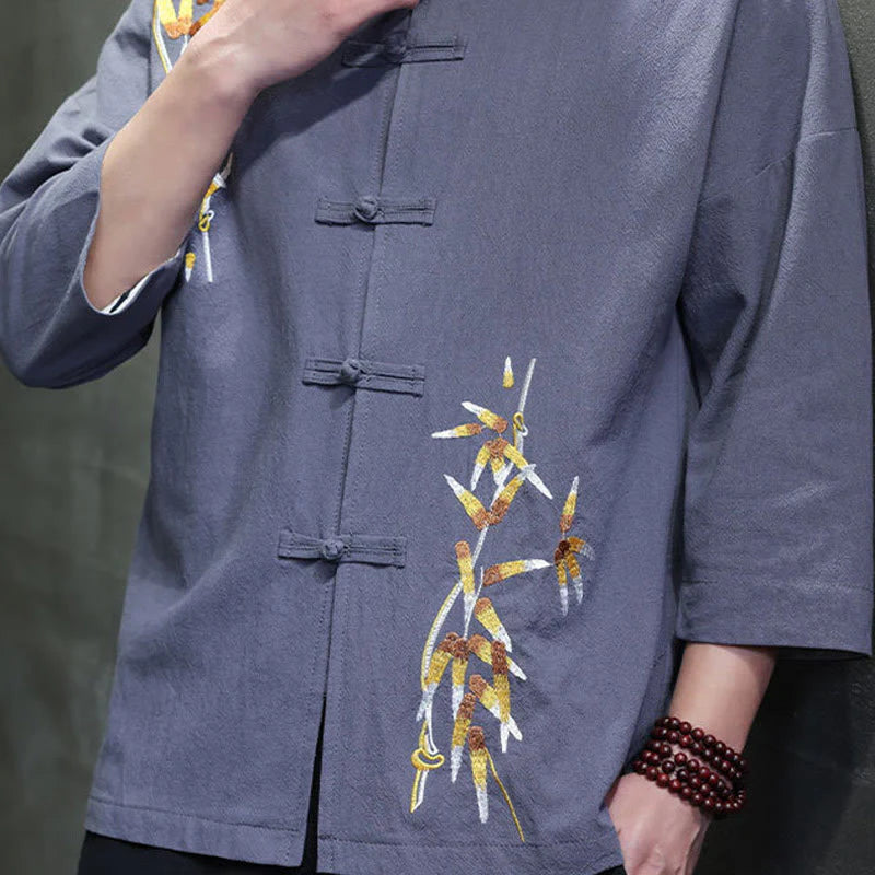 Buddha Stones Embroidery Men's  Chinese Frog-Button Three Quarter Sleeve Shirt Clothing