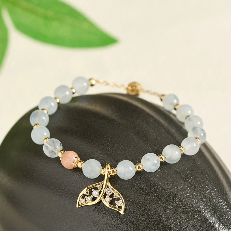 Buddha Stones Natural Aquamarine Gold-Plated Copper Fish Tail Serenity Bracelet