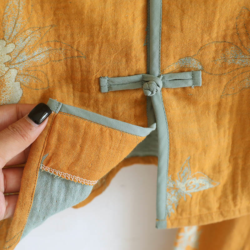 Buddha Stones 2pcs Frog-Button Printed Long Sleeve Cardigan Shirt Pants With Pockets Cotton Set
